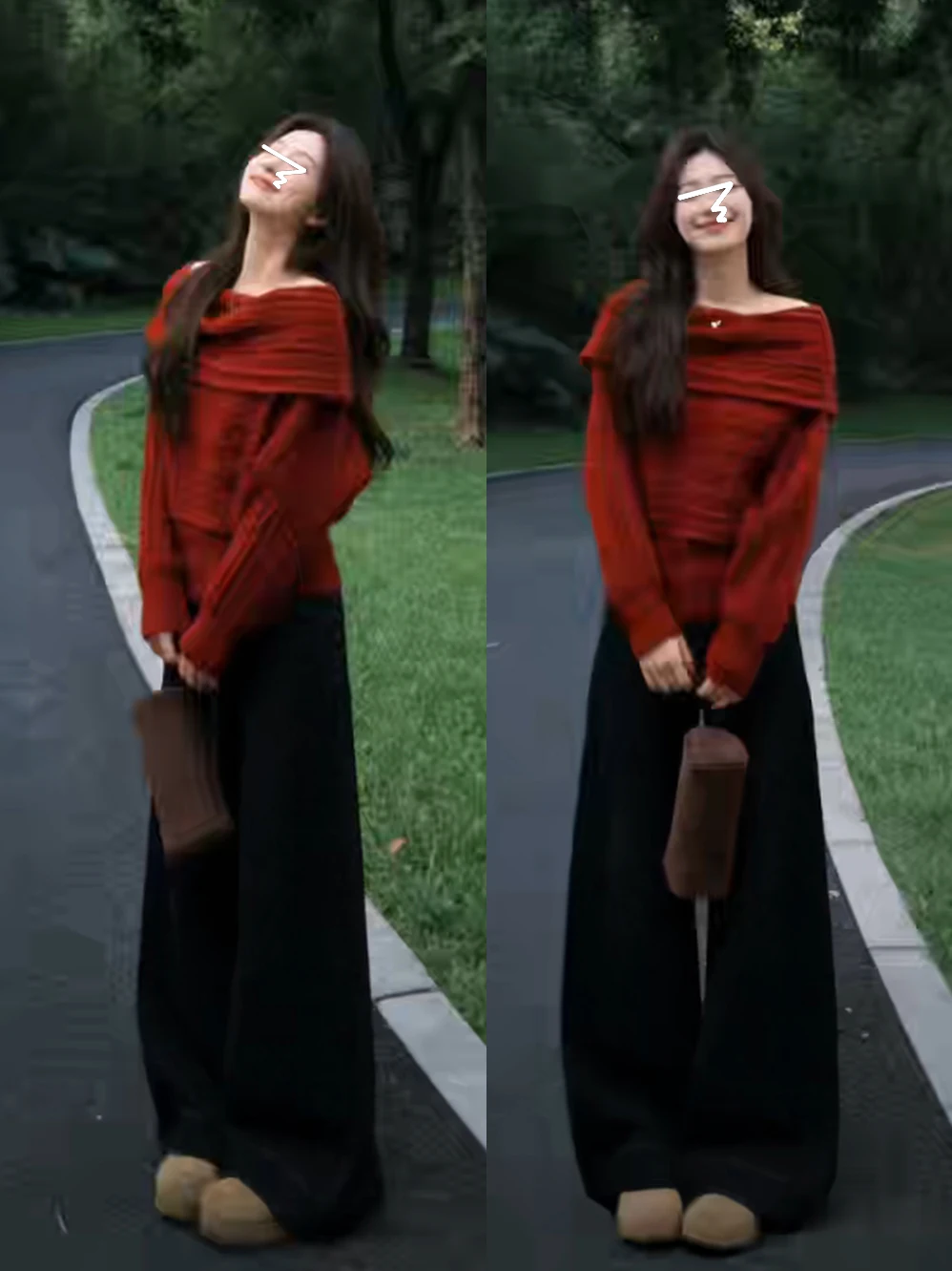 

Red Cisas Vintage Aosphere Sweater Women's Winter Hot Girl New Year's Outfit Overhead One oulder Knitted Top