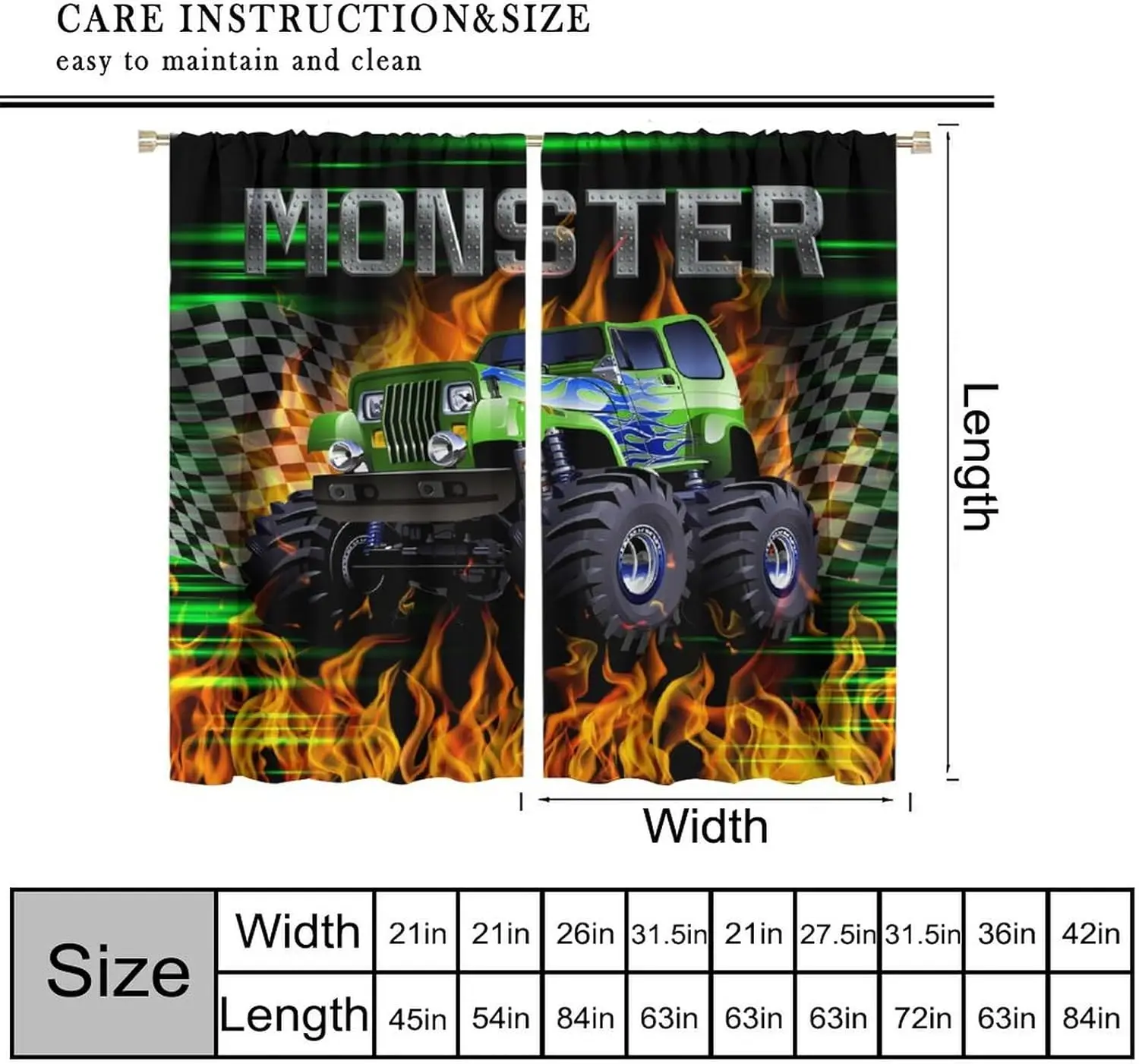 Cartoon Green Truck Curtains, Burning Flame Monster Truck Racing Flag Print Window Treatments Curtains for Boys Bedroom Playroom