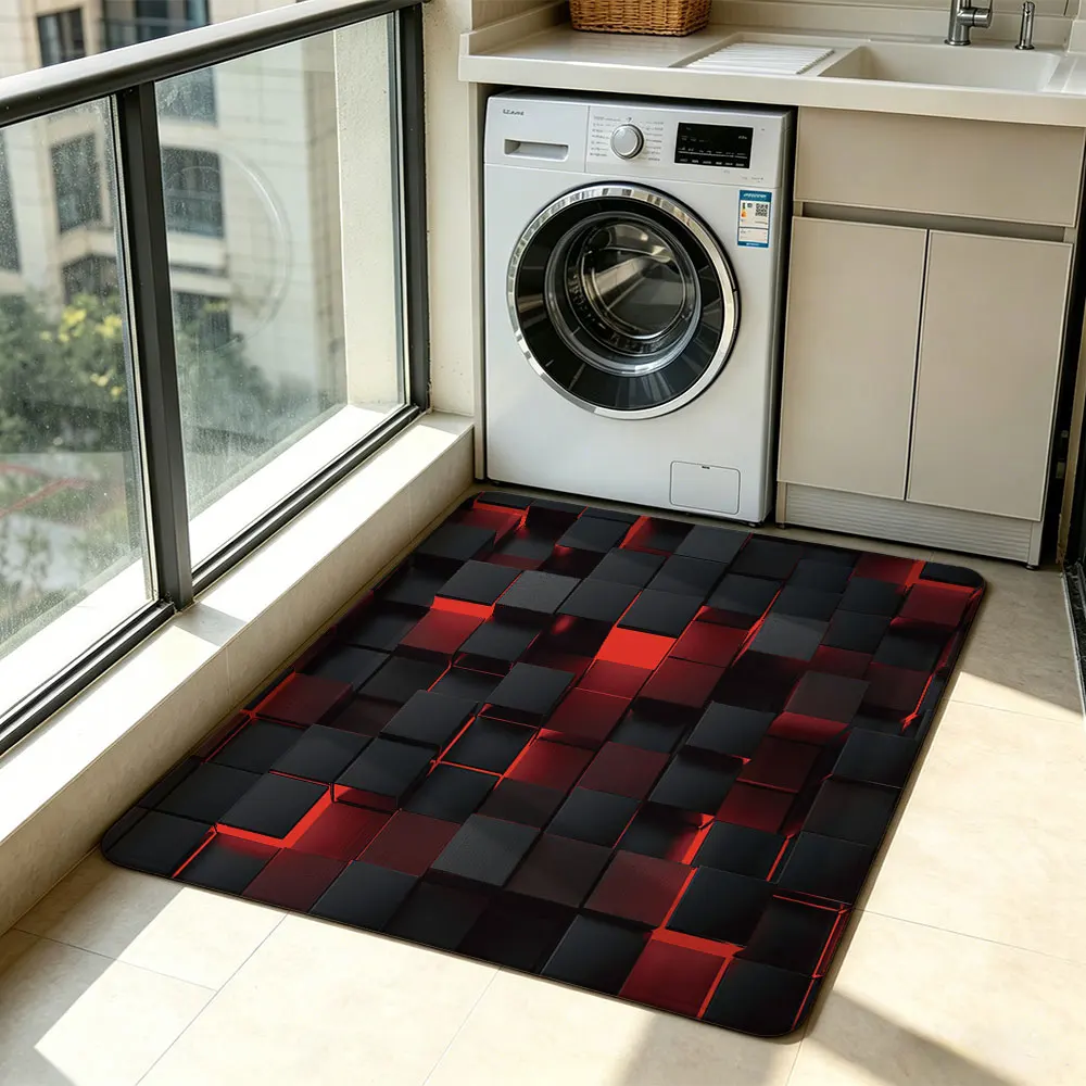1pc Red Black 3D Cube Stereo Silicone Floor Mat Non Slip Waterproof Rug For Living Room Bedroom Industrial Visual Effect Home