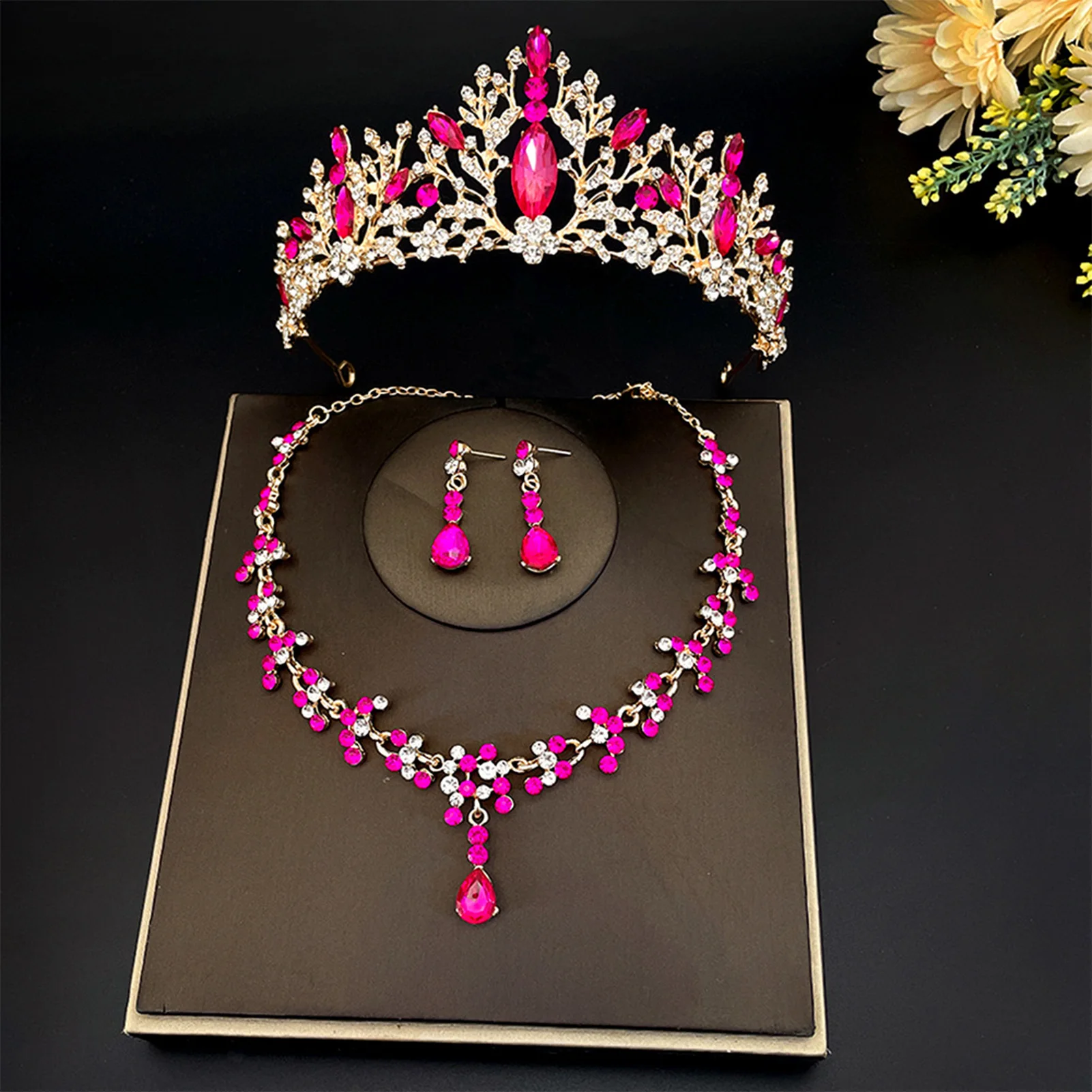 Sparkly Rhinestone Jewelries 3 Pieces Glitter Necklace Drop Earrings Princess Crown for Bridesmaid Wedding Party Prop