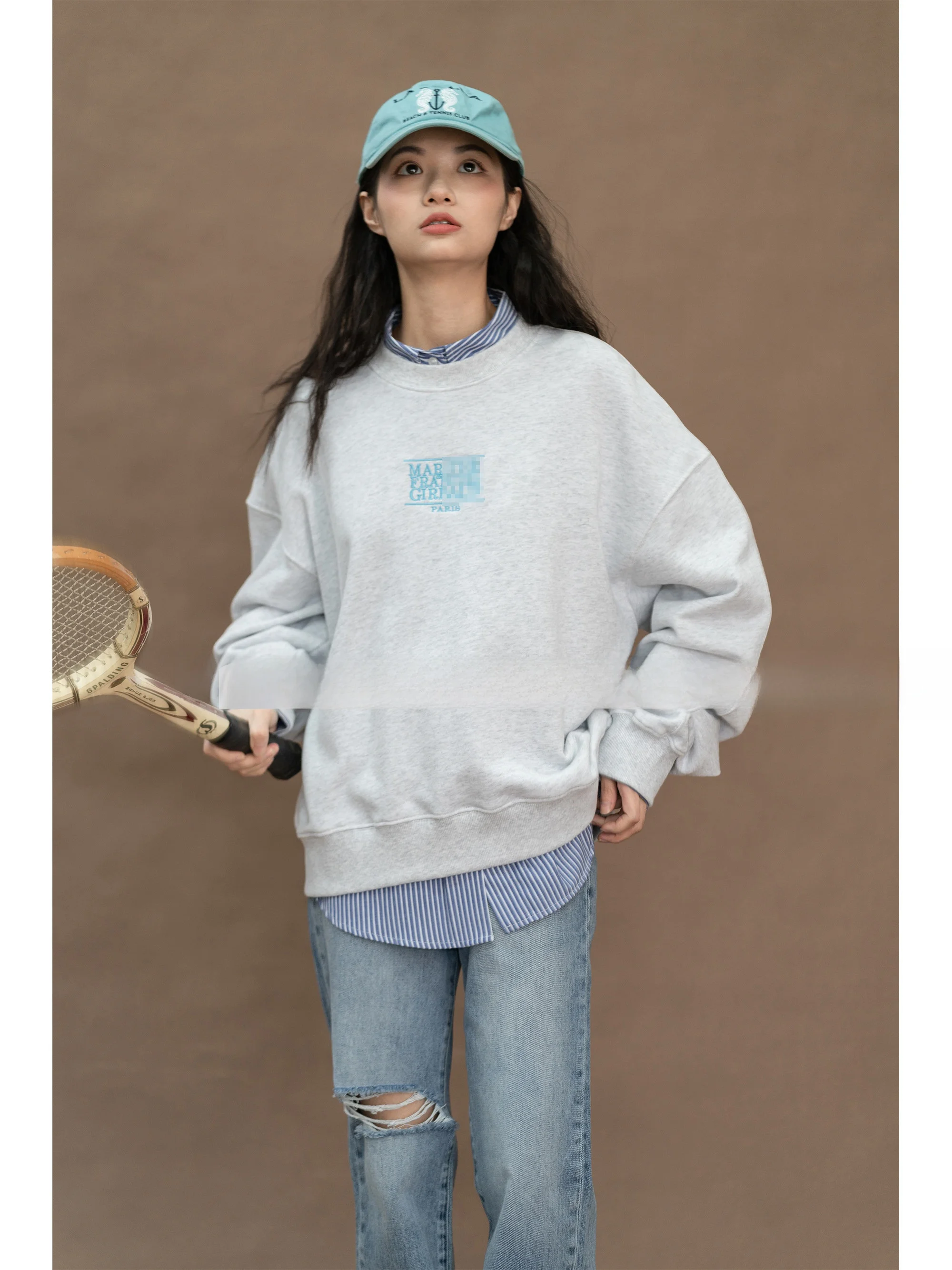 

Корейская толстовка из чистого хлопка с круглым вырезом, без вышивки, в стиле стритвир, повседневная, удобная, длинная, свободного кроя