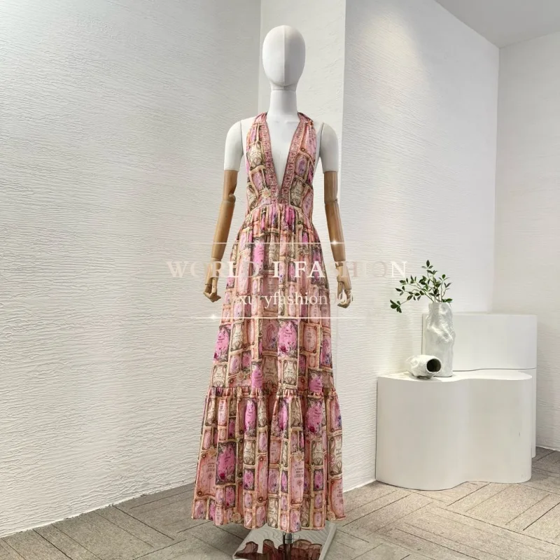 

Women's Pink Floral Print Deep V Neck Backless Maxi Dresses 2025 New Fashion Style High Quality Attractive for Party