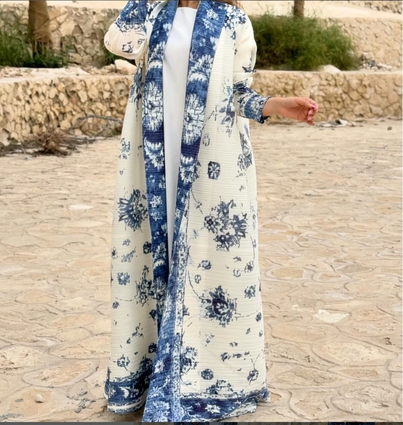 Abaya-abrigo largo plisado con estampado de estilo étnico para mujer, cárdigan largo con cordones y solapa grande para primavera/verano 2024