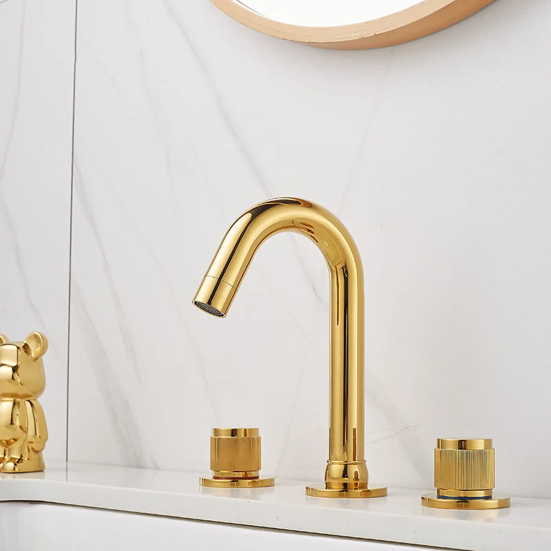 Golden Chromeplating Tall Faucet Bend Bathroom Cold And Hot Three Piece Set Basin Crane Bathroom Mixer Washbasin Bath Tap