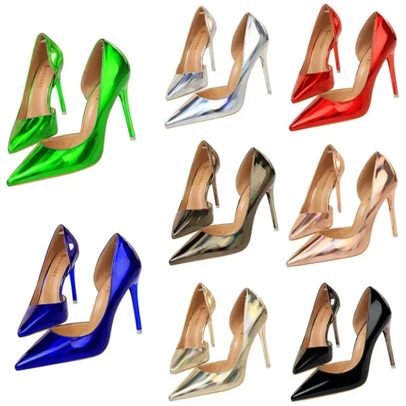 Women 10.5cm High Heels Glossy Leather Nightclub Blue Green Red Pumps Lady Valentine Heel Sexy Club Stiletto Daily Party Shoes