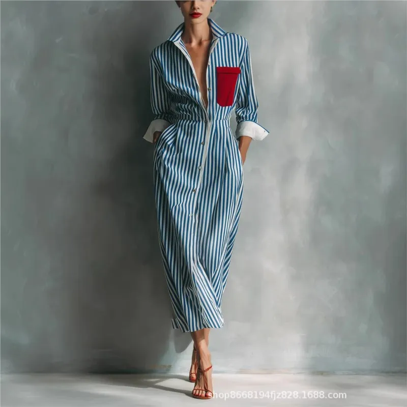 Autumn Striped Print Shirt Dress For Women Casual Turn Down Collar Color Blocking Pocket Long Dresses New Trendy Graceful Robe