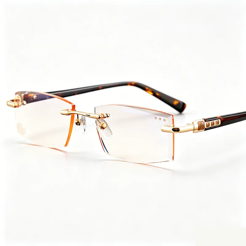 Diamond trimmed frameless reading glasses for men, anti blue light business titanium alloy, customizable prescription