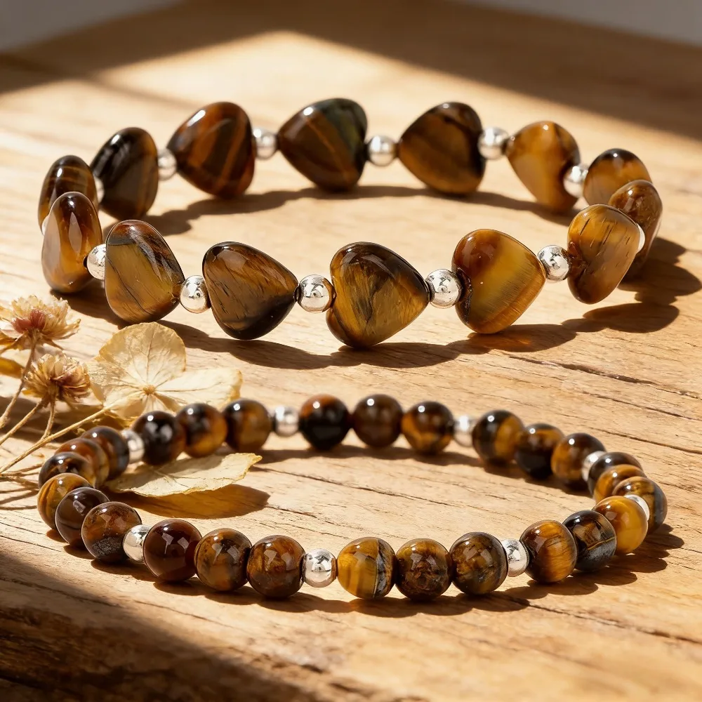 Chinese Style Lucky Blessing Wealth Attracting Natural Tiger Eye Stone Heart Couple Bracelet 2pcs Set Handmade Beaded Stretch