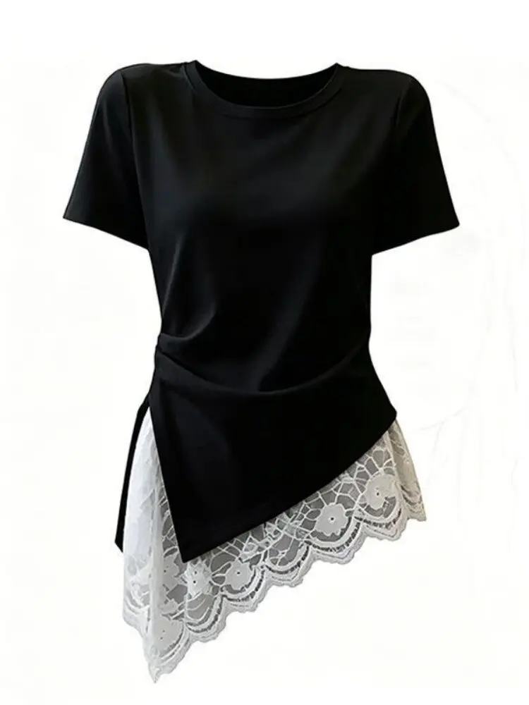 Slim Fit Lace Patchwork Short Sleeve T-Shirt Women's Cotton 95% Elastic Fiber Summer New Style plus Size Waist Cinched Should...
