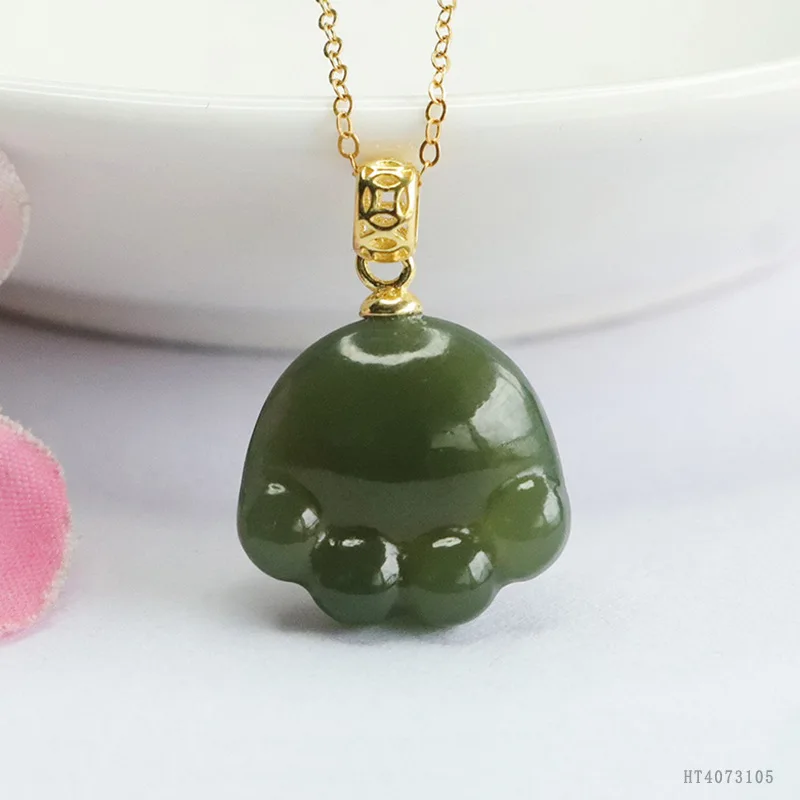 

S925 Silver Cat Paw Pendant Natural Hetian Jade Necklace Cute Animal Jewelry HT4073105