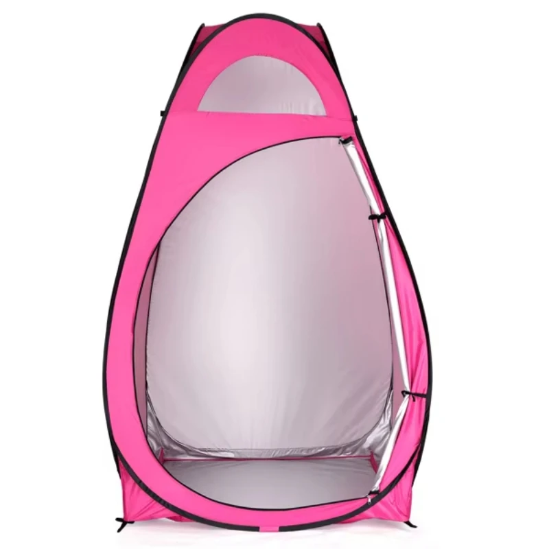 Portable outdoor pink pop-up tent that can be used as a toilet or dressing room for outdoor adventures