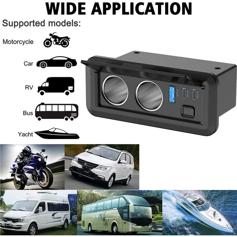 DT42-2X Dual Lighter Socket 78W 12V USB Outlet Dual USB-C PD & QC3.0 Car Charger Port With Switch For Bus Boat