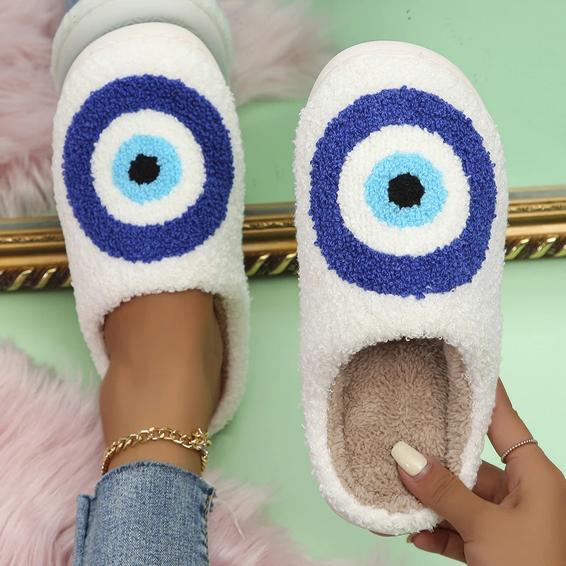 2023 New Blue Eye House Slippers Women Winter Soft Plush Warm Fluffy Slippers Woman Indoor Anti-Slip Home Cotton Shoes Couple