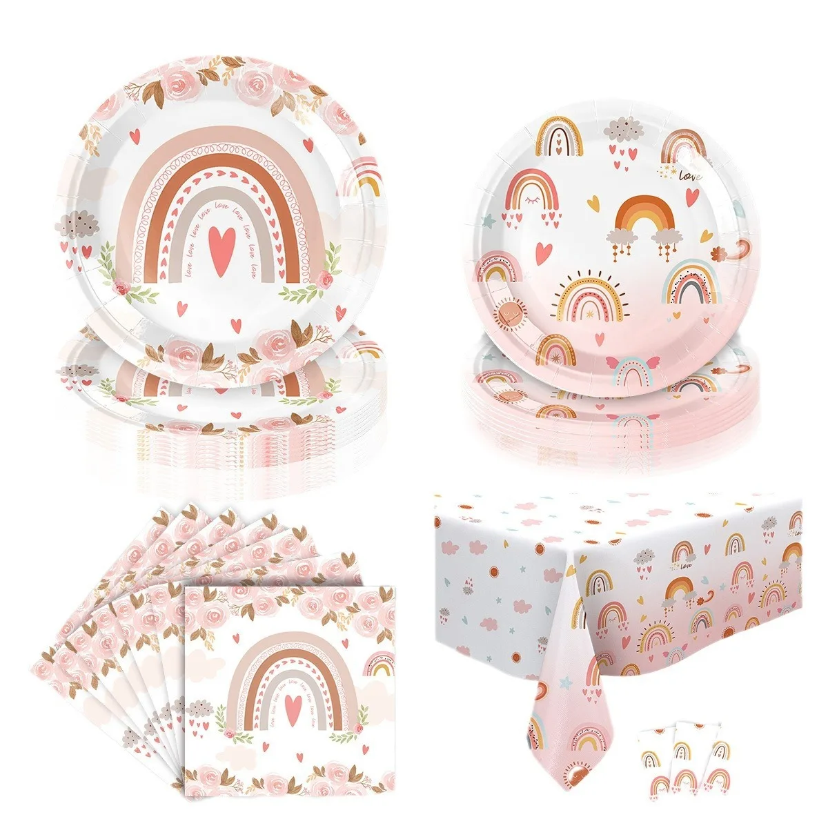 Bohemian Boho Rainbow Dekoracje urodzinowe dla dziewczynek Zaopatrzenie urodzinowe Tęczowe serce Zastawa stołowa Papierowe talerze Kubek papierowy