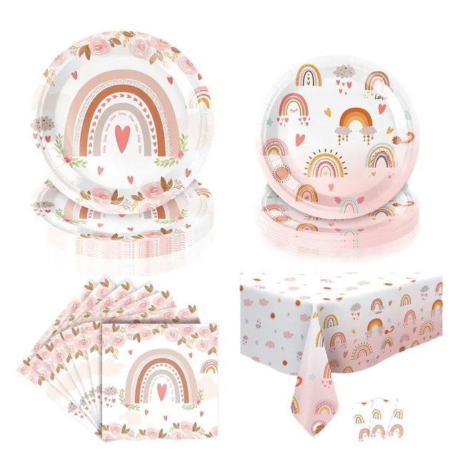 Bohemian Boho Rainbow Dekoracje urodzinowe dla dziewczynek Zaopatrzenie urodzinowe Tęczowe serce Zastawa stołowa Papierowe talerze Kubek papierowy