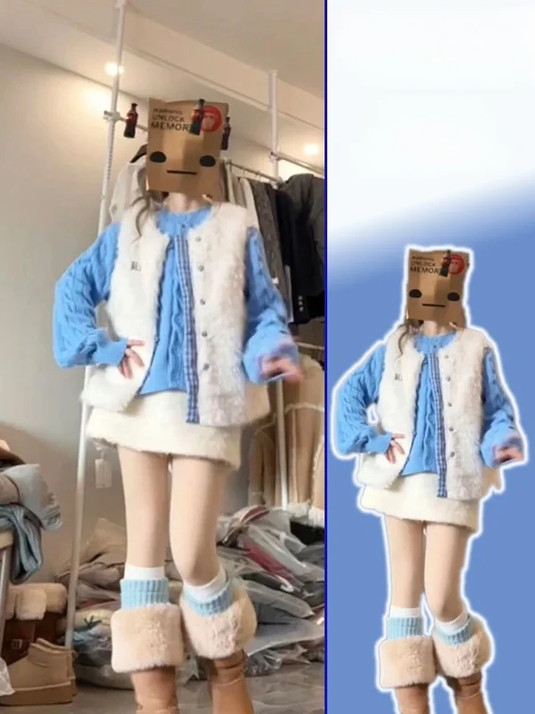 

plus Size Knitted Sweater Set with Lamb Fur Vest round Ne Gentle Sle Faionable Layering for Women High Waist Pants