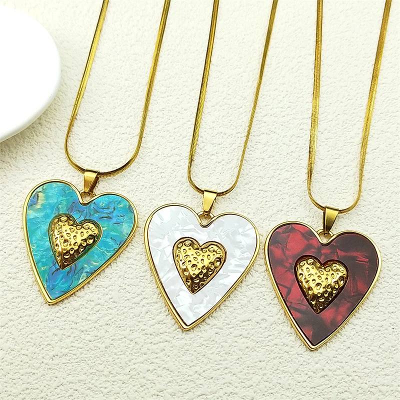 

Double Heart New Pendant Necklace For Women Girls Stainless Steel Gold Color Abalone Love Elegant Chain Jewelry Decoration