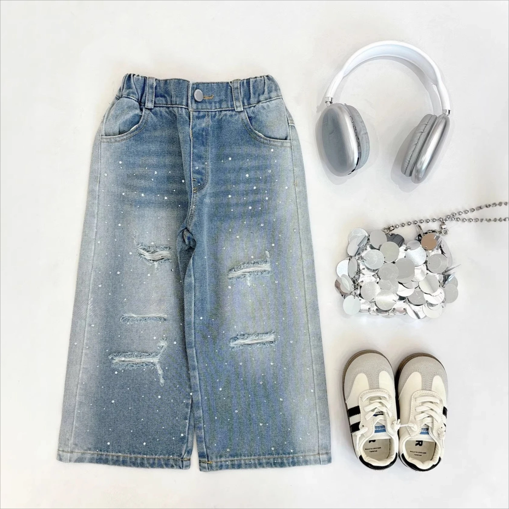 Girls' pants for spring and summer 2026, new hot stamping and hole breaking jeans, Korean wide leg pants, vintage style