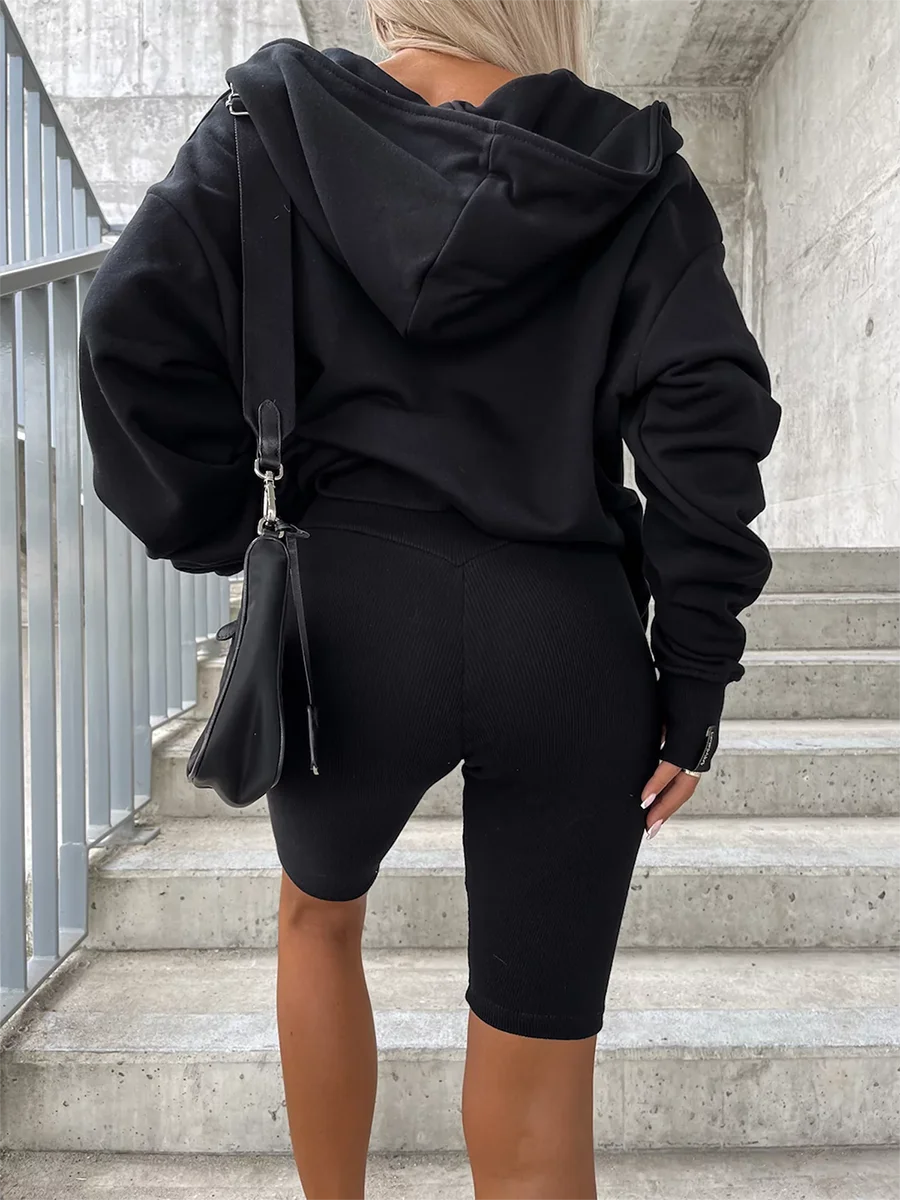 

Women Fall Shorts Outfits Solid Color Zipper Long Sleeve Loose Hoodies Sweatshirts High Waist Shorts 2 Pieces Clothes Set