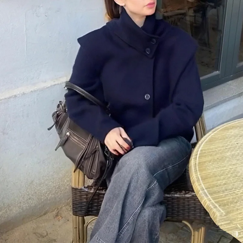 سترة نسائية لخريف وشتاء 2025 أنيقة بياقة واقفة واحدة الصدر معطف فضفاض بأزرار معطف نسائي صوف متين ملابس خارجية #4