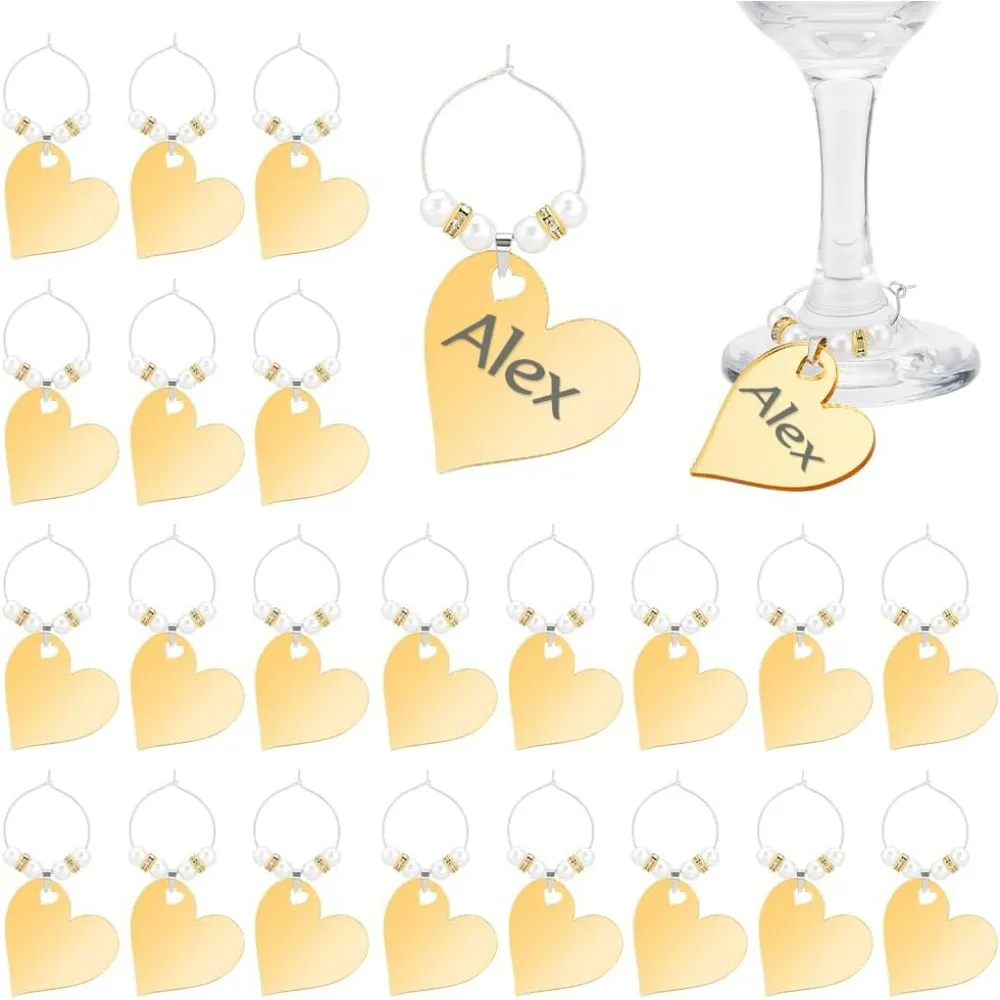 

24pcs Acrylic Wine Glass Charms Heart Golden Wine Glass Name Tags Smooth Drink Markers for Valentine's Day Stem Glasses