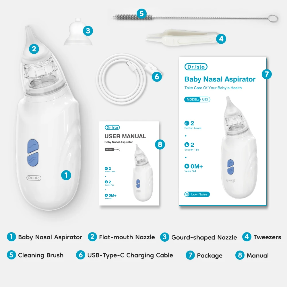 MAMIJOY Elektryczny Odkurzacz do Nosa dla Niemowląt Antyrefluksowy 2 Tryby & 2 Ssania Cichy 40dB Bez Dźwięku 2 Dysze & Szczoteczka do Czyszczenia U93