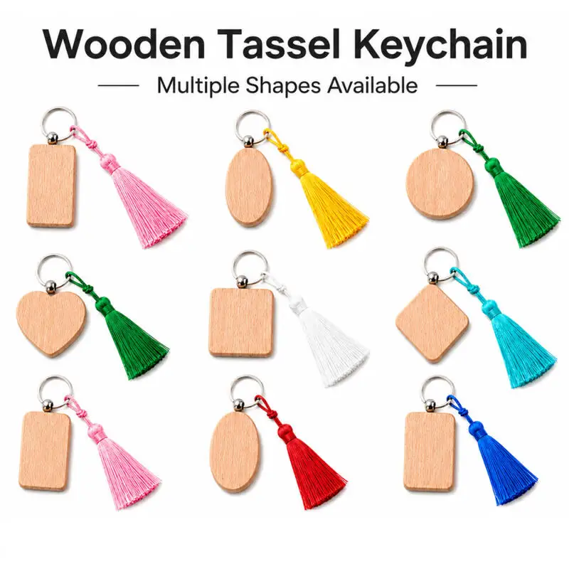 5pcs Unfinished wooden keychain blank DIY gift handmade keyringsComes with a tassel