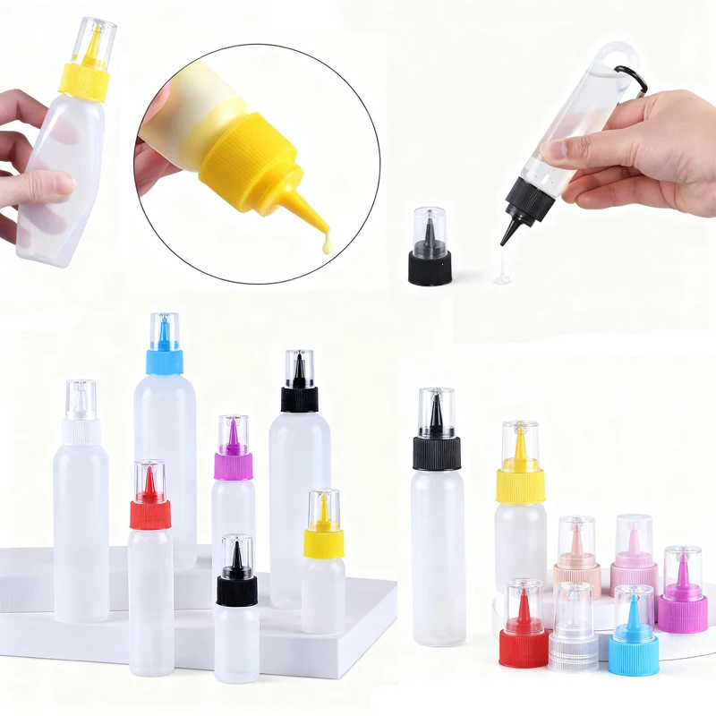 ขวดบีบพลาสติก PE แบบเติมได้ 10 ชิ้น ขนาด 30-120 มล. พร้อมฝาปิดกันฝุ่นแบบยาว สำหรับใส่ของเหลว เช่น กาว สี ใช้สำหรับพกพา