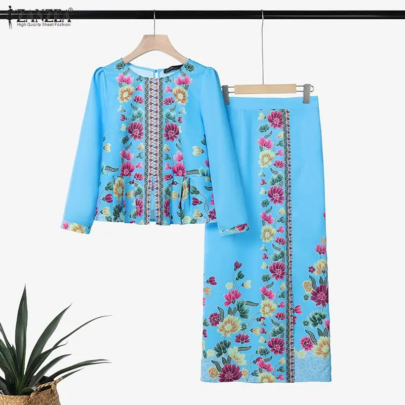 

Женские комплекты ZANZEA, весенне-летние комплекты с цветочным принтом, топы и юбки, офисные и праздничные наряды, с рукавами 3/4, с круглым вырезом, платья