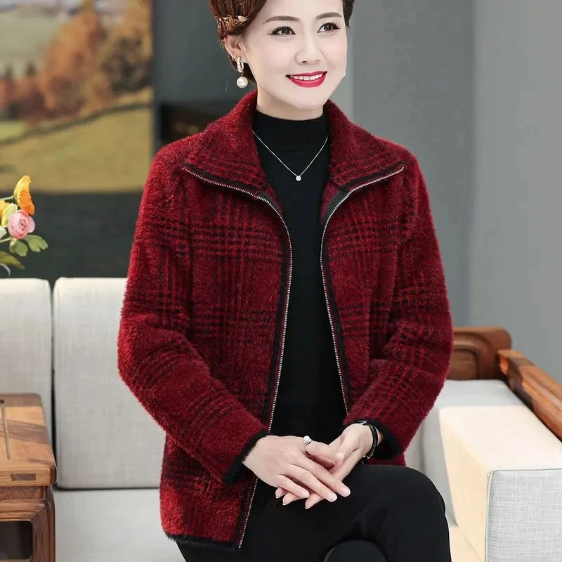 Imitation Mink Velvet Jacket Women's 2024Autumn Winter New Mother Sweater Female Short Middle-Aged Coat Zipper Cardigan Lady Top