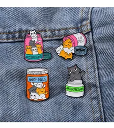 Creative Bottle Jar Cat Cartoon Badge Metal Color English Letter Broch Cute Cat Accessory Waist Buckle