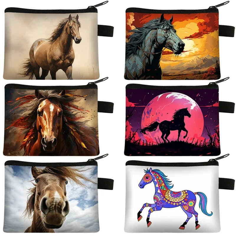 Running Horse Coin Purse Colorful Indian War Horse Cloud Backlit Paint Mini Wallet Man Women Credit Holder Money Coins Bag Gift