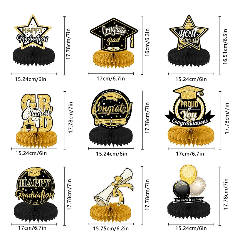 9pcs Graduation Decorations Supplies Grad Honeycomb Centerpiece Graduation Table Topper Party Favor Photo Booth Prop