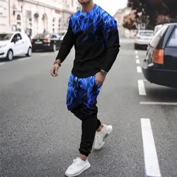 Mode 3d Farbe Flamme drucken Männer Sportswear 2 stücke Set Streetwear Langarm T-Shirt Hosen Set übergroße Pullover Mann Kleidung