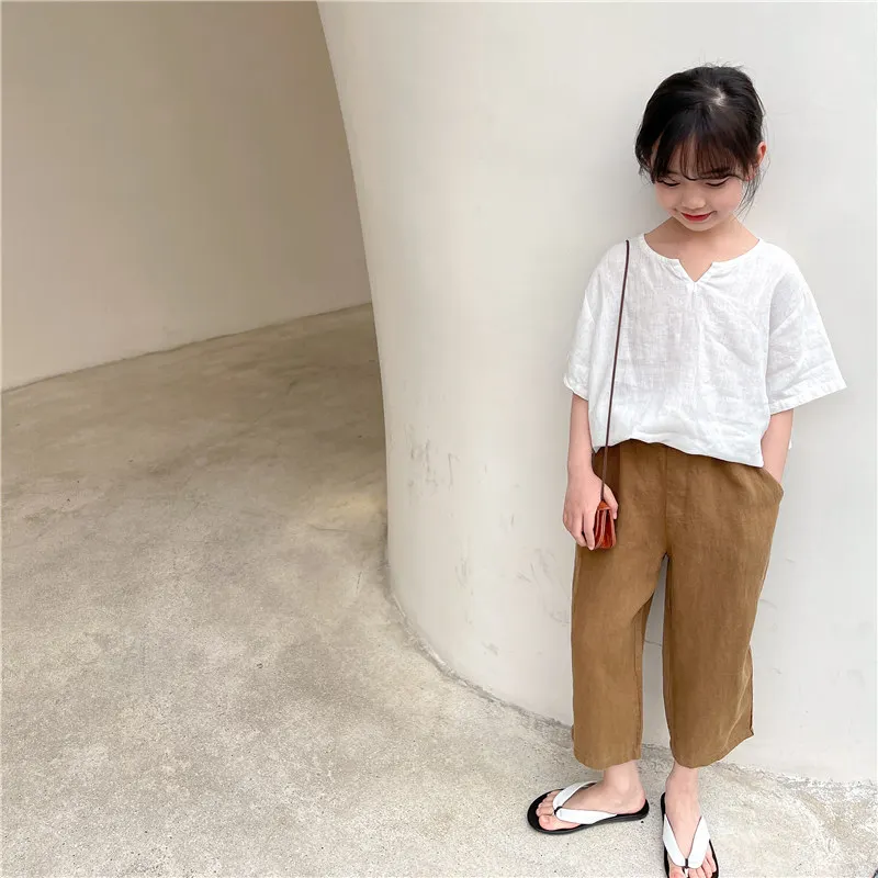 Summer New Product Childrens Clothing Parent Child White Linen Short Sleeved Shirt Boy and Girls Artistic Top Casual