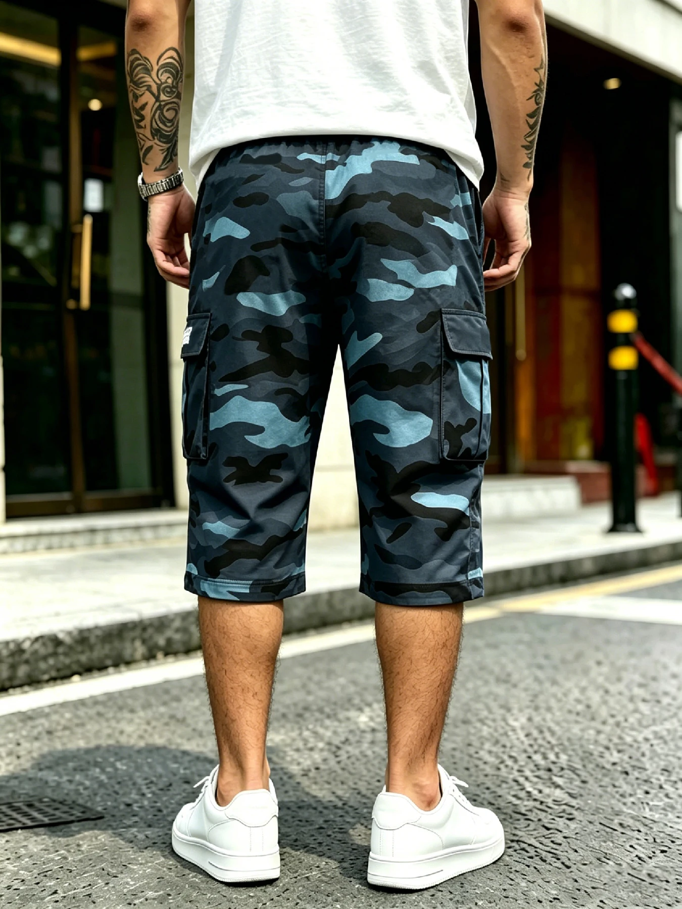 Amerikanische Streetwear-Cargo-Capri-Shorts für Herren, elastischer Kordelzug in der Taille mit mehreren 3D-Cargotaschen, lockere, gerade Passform für Al – Detail 14