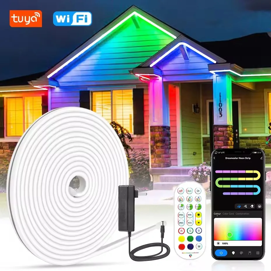 Tuya WiFi 12 فولت RGBIC ضوء النيون 5 متر 15 متر 10 متر إضاءة مقاومة للماء قطاع كامل اللون مطاردة Led النيون الشريط غرفة في الهواء الطلق القضبان الديكور