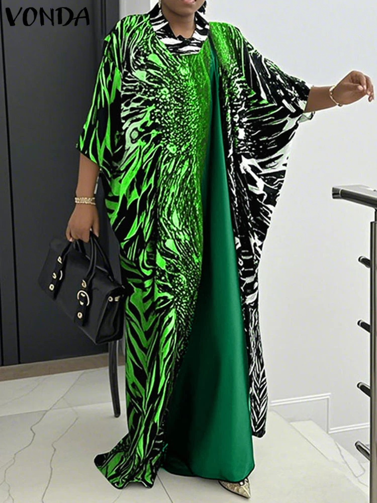 2025 Vintage Dress Plus Size Women Printed Maxi Long Sundress 3/4 Sleeve Bat-wing Sleeve Loose Robe VONDA Fashion Party Vestidos