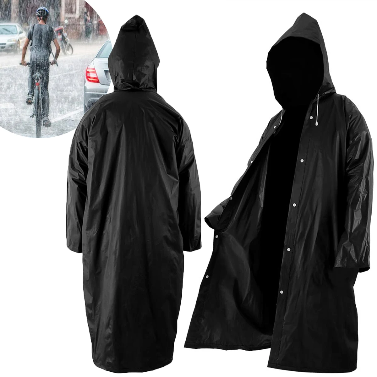 Black Fashion Long Raincoat New Adult Travel Rain Coat Hooded Sleeve Waterproof Rain Poncho Motorcyclist Camping Hiking Rainwear