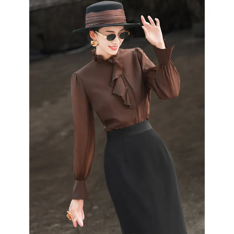 MEXCOCO Women Early Autumn New French Retro Blouse, Ruffle Spliced Long Sleeve Solid Color Shirt Top