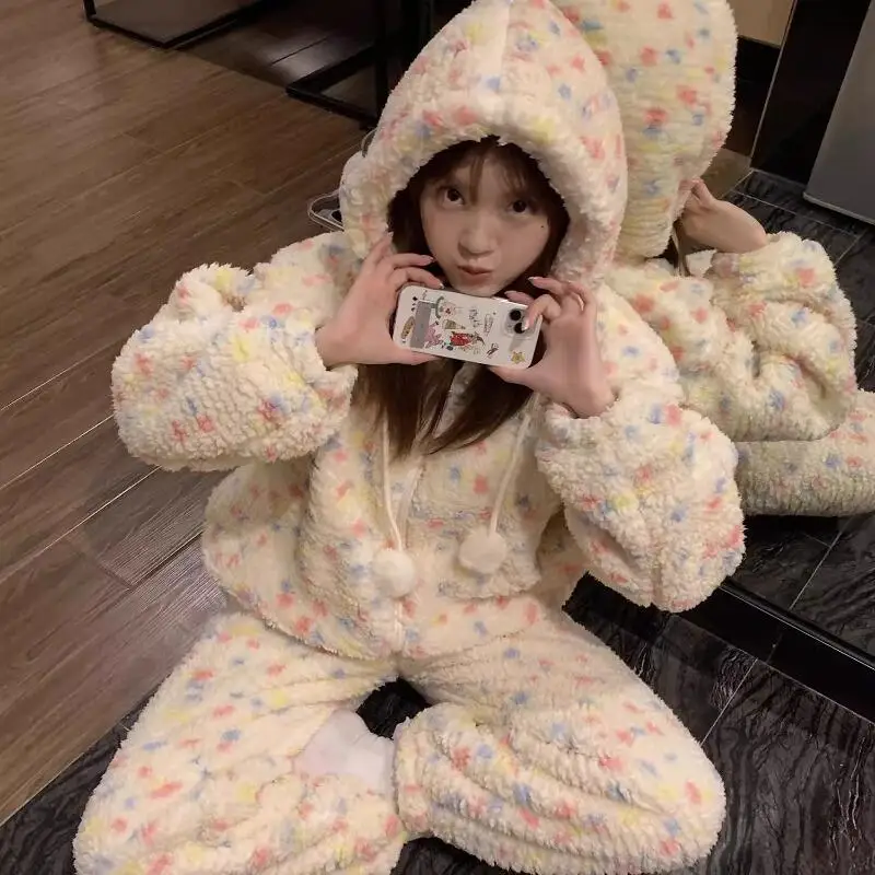 Pigiama con cappuccio da ragazza Completo invernale colorato a pois foderato in pile per il tempo libero Abbigliamento per la casa carino Addensare Tenere al caldo Set di indumenti da notte in flanella