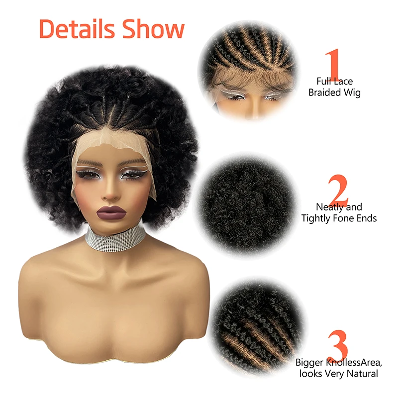 8 Inch 100% Human Hair 150% Density 13X4 Lace Front Short Afro Curly Braids Black Wig Women Glueless Wig Beginners Friendly