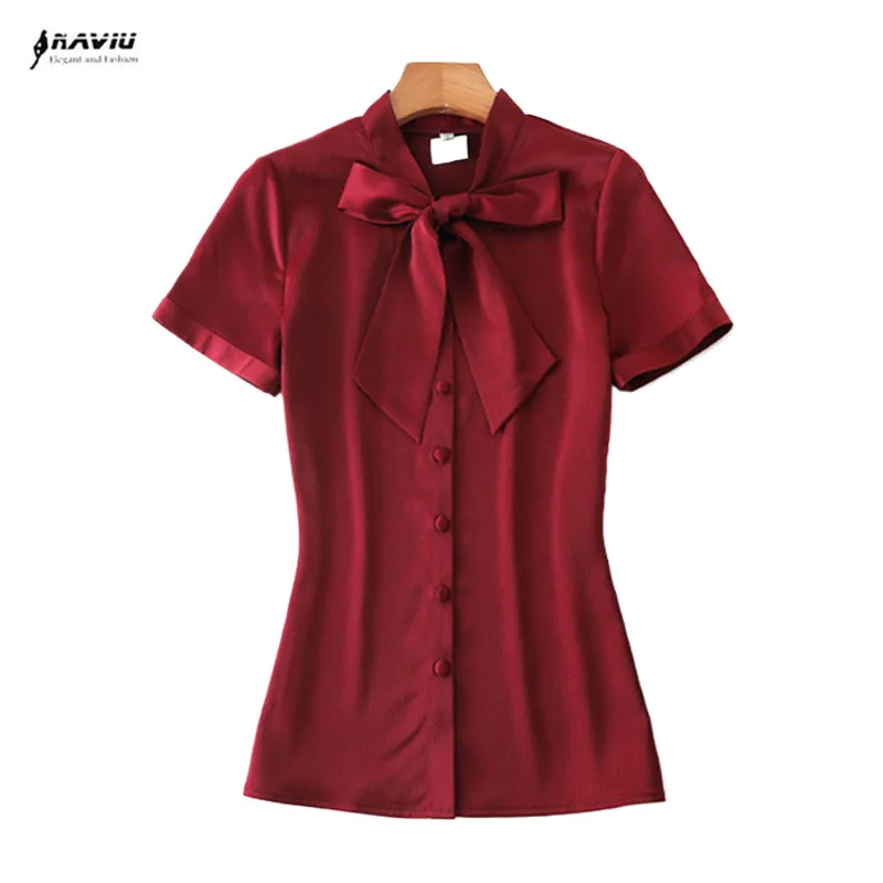 NAVIU Blusas Mujer De Moda 2024 Short Sleeve Blouse Women Bow Colla Office Ladies Tops Wine Red Satin Shirt Female Tops White