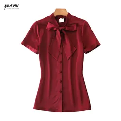 NAVIU Blusas Mujer De Moda 2024 Short Sleeve Blouse Women Bow Colla Office Ladies Tops Wine Red Satin Shirt Female Tops White