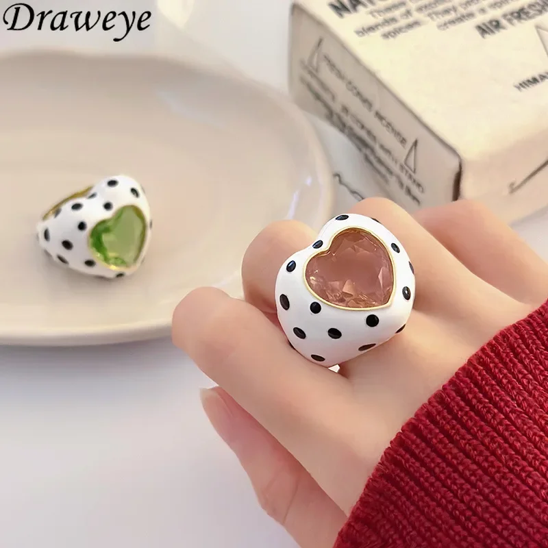 Draweye Korean Fashion Sweet Rings for Women Polka Dot Heart-shaped Cute Anillos Mujer Glaze Vintage Elegant Cuff Jewelry