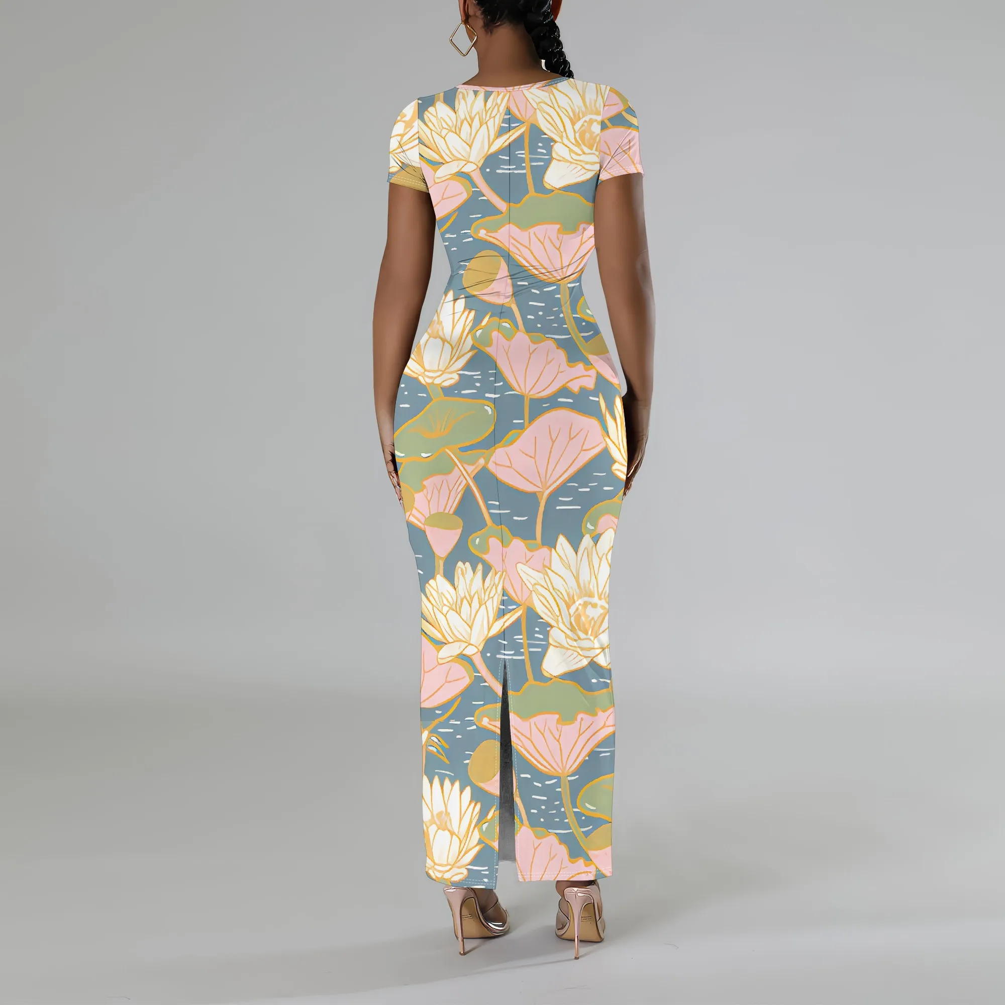 Vestido maxi bodycon de manga curta com estampa floral feminina elegante verão férias praia vestidos de festa