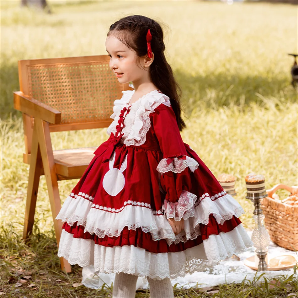 Kids Spring Autumn Lolita Dress Princess Long Sleeves Fancy Luxury Cute Costume Girls Floral Lace Vestido Toddler Birthday Gift