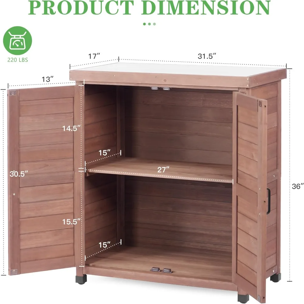 Ławka do doniczek na zewnątrz z szafką do przechowywania i metalowym blatem, stacja robocza z drewna na patio na świeżym powietrzu, w ogrodzie