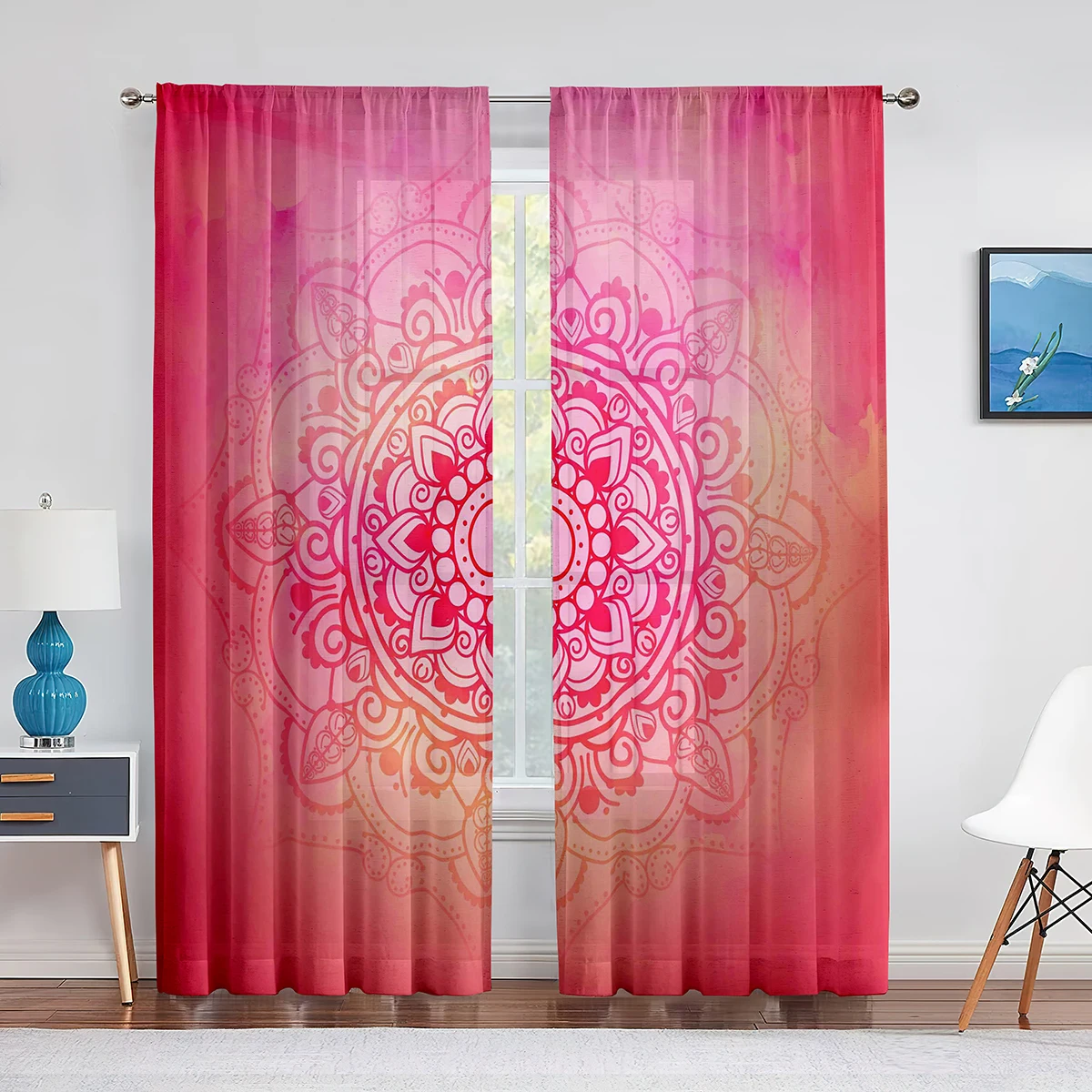 Mandala Colorful Floral Sheer Voile Curtain Flowers Bohemian Boho Window Tulle Curtains for Living Room Bedroom Kitchen Decor