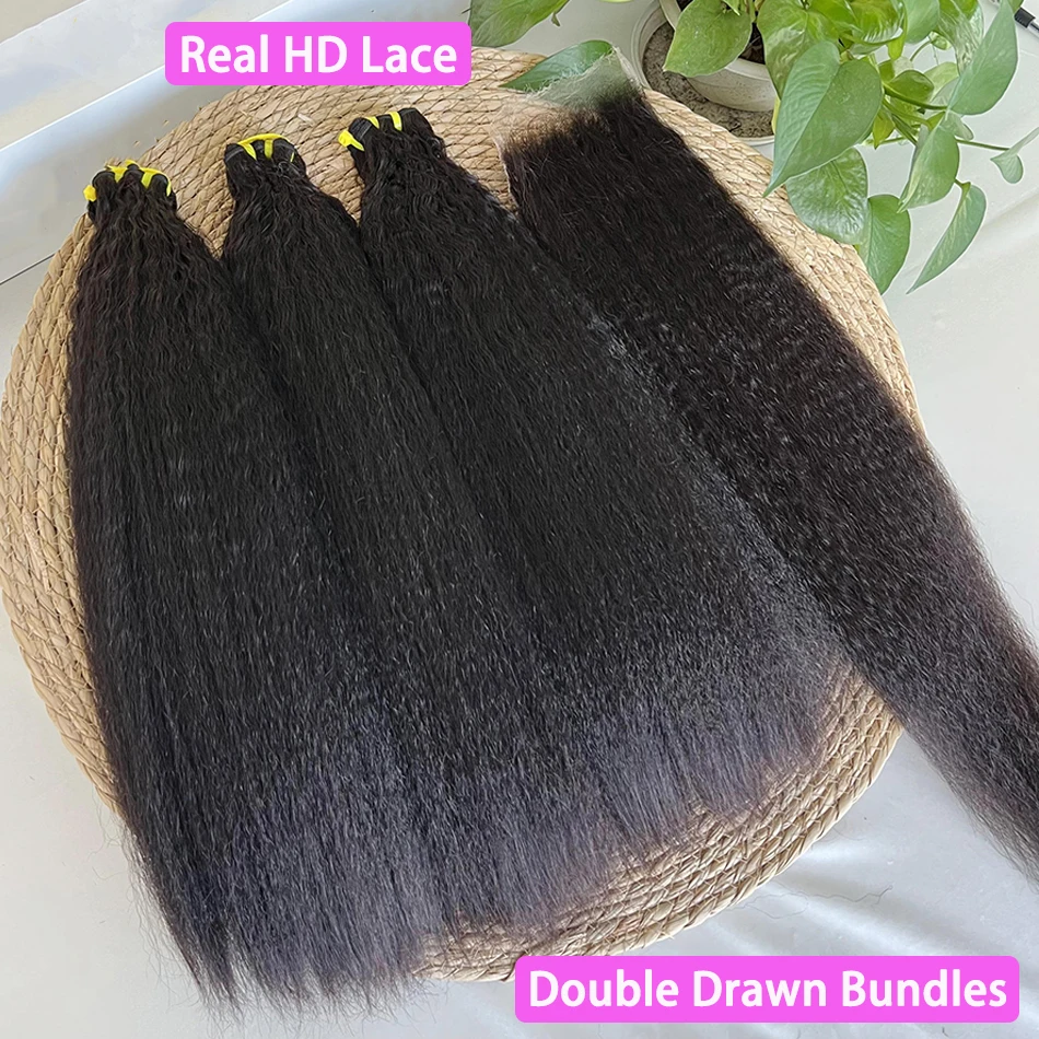 

Натуральные волосы Double Drawn Kinky Straight в пучках с HD-кружевными застежками 4x4, 5x5, 13x4 и фронтальными накладками, натуральный цвет, для наращивания волос